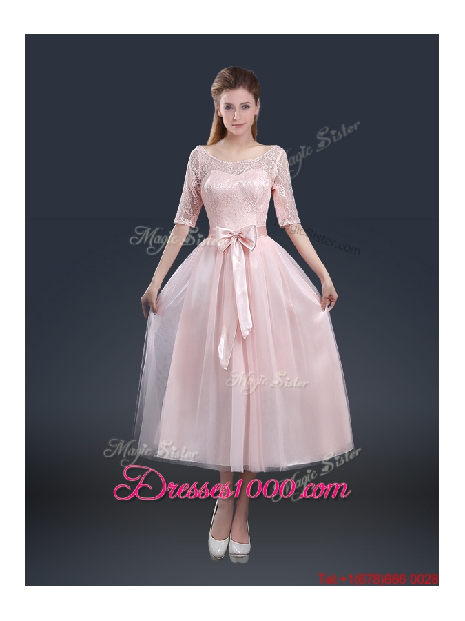2016 Elegant Tea Length Prom Dresses with Lace and Bowknot