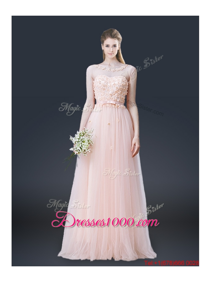 2016 Lovely Empire Bateau Prom Dresses with Appliques and Bowknot