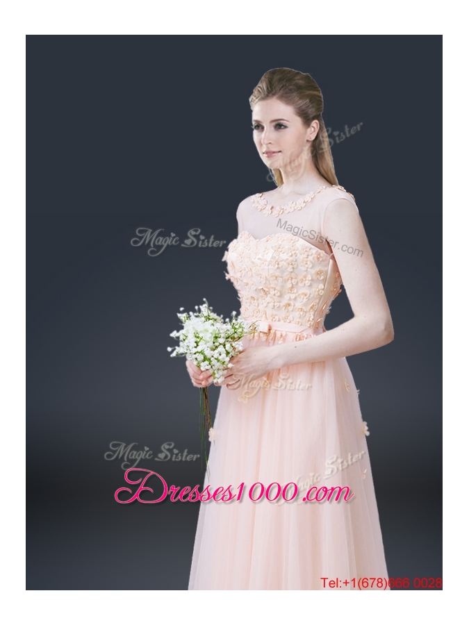 2016 Lovely Empire Bateau Prom Dresses with Appliques and Bowknot