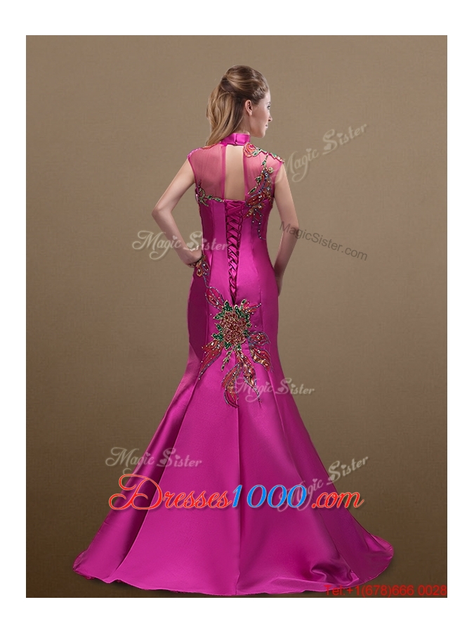 2016 New Style Mermaid Brush Train Prom Dresses with Appliques and Beading