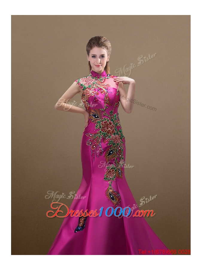 2016 New Style Mermaid Brush Train Prom Dresses with Appliques and Beading