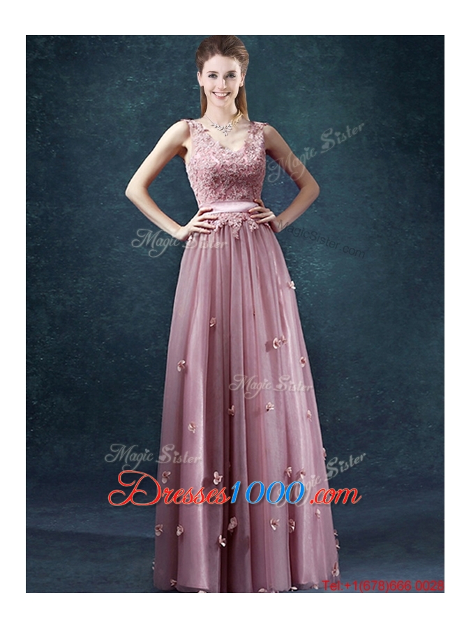 Classical V Neck Prom Dresses with Appliques and Belt