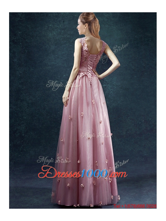 Classical V Neck Prom Dresses with Appliques and Belt