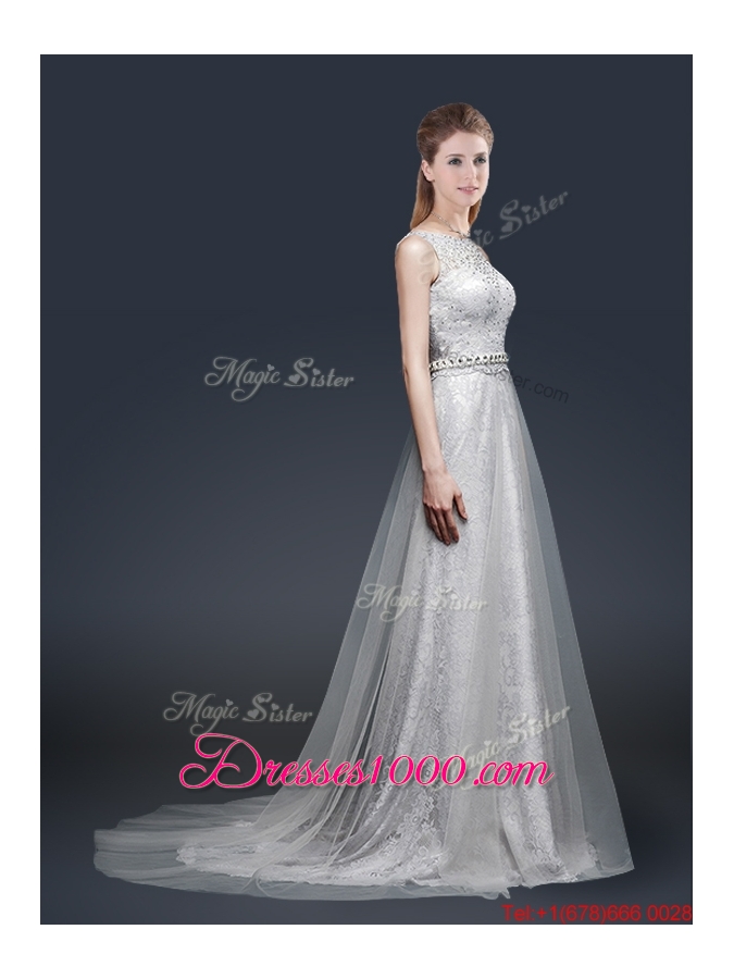 Elegant Empire Bateau Prom Dresses with Brush Train
