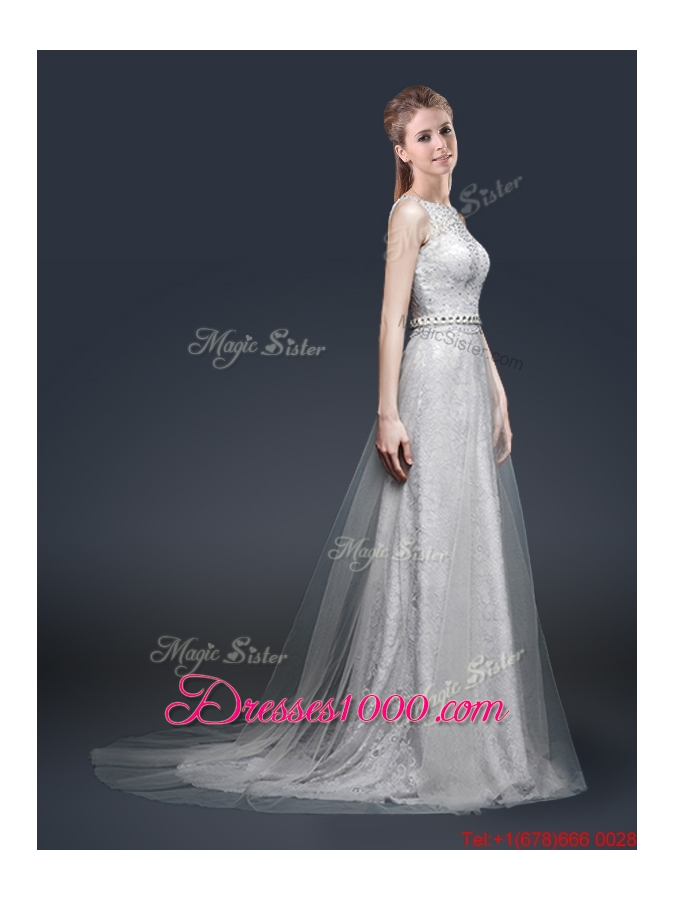 Elegant Empire Bateau Prom Dresses with Brush Train