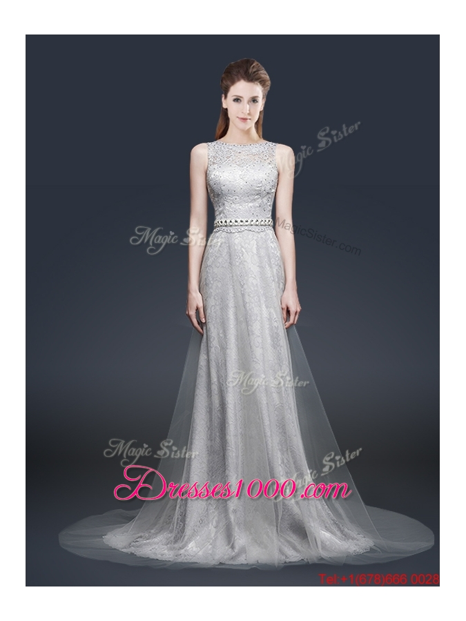 Elegant Empire Bateau Prom Dresses with Brush Train