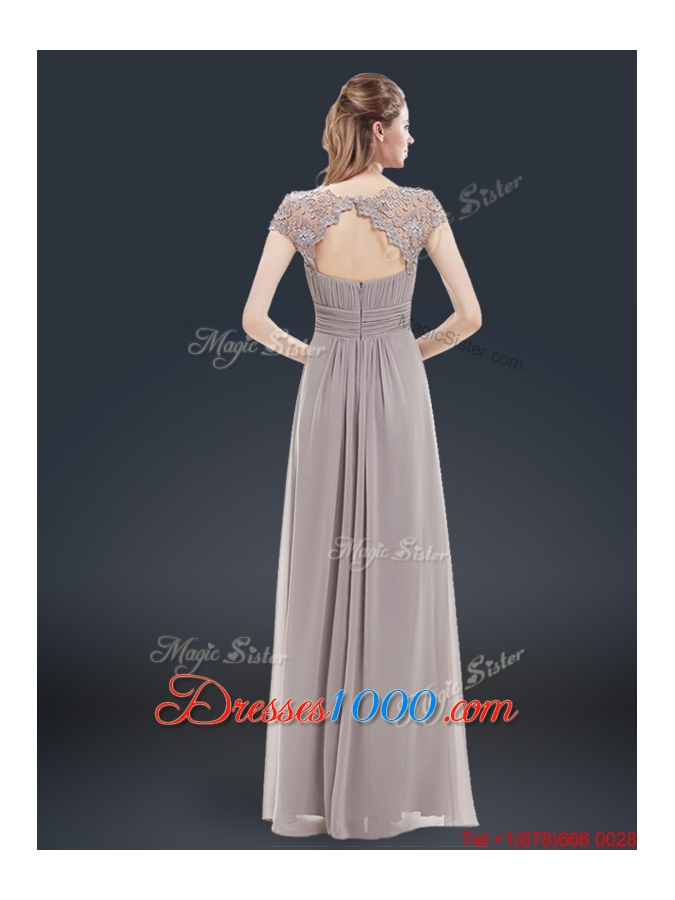 Elegant Empire Cap Sleeves Beading and Ruching Prom Dresses