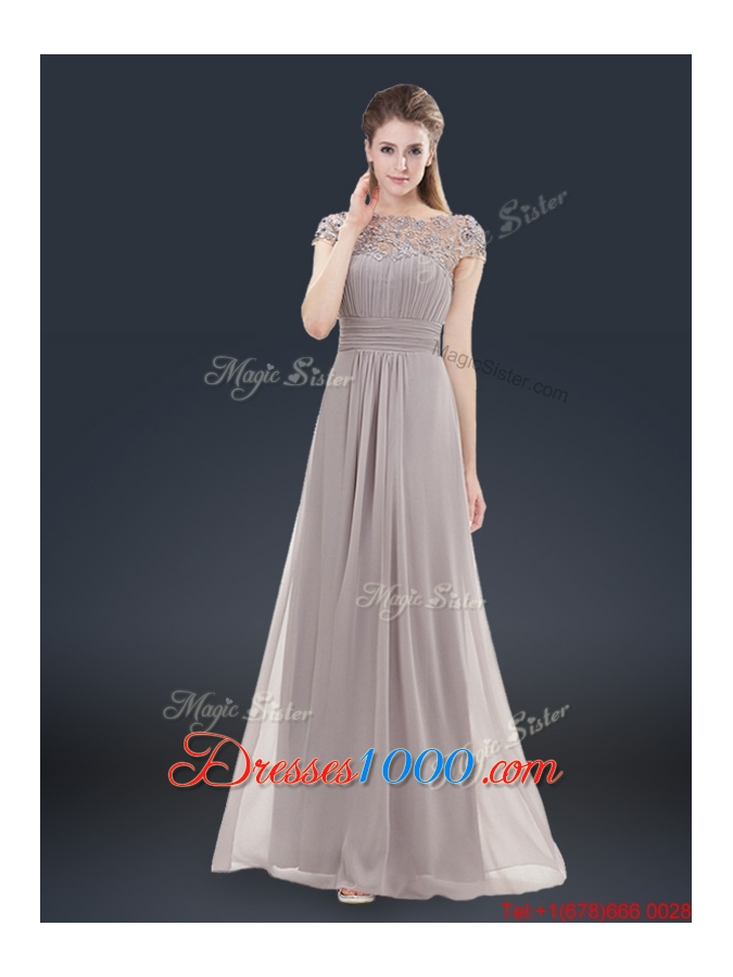 Elegant Empire Cap Sleeves Beading and Ruching Prom Dresses