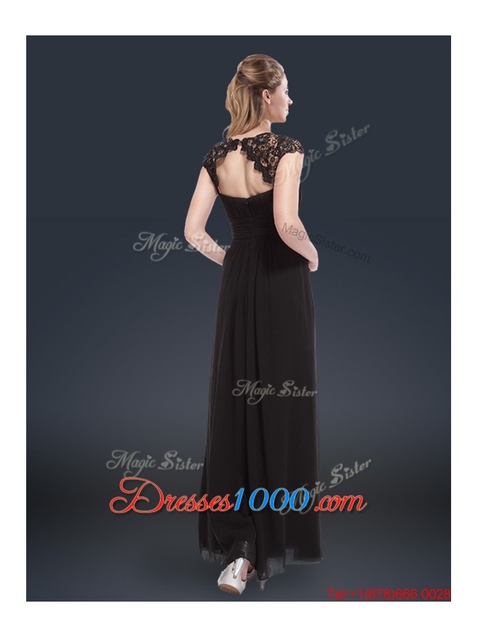 Elegant Empire Cap Sleeves Beading and Ruching Prom Dresses