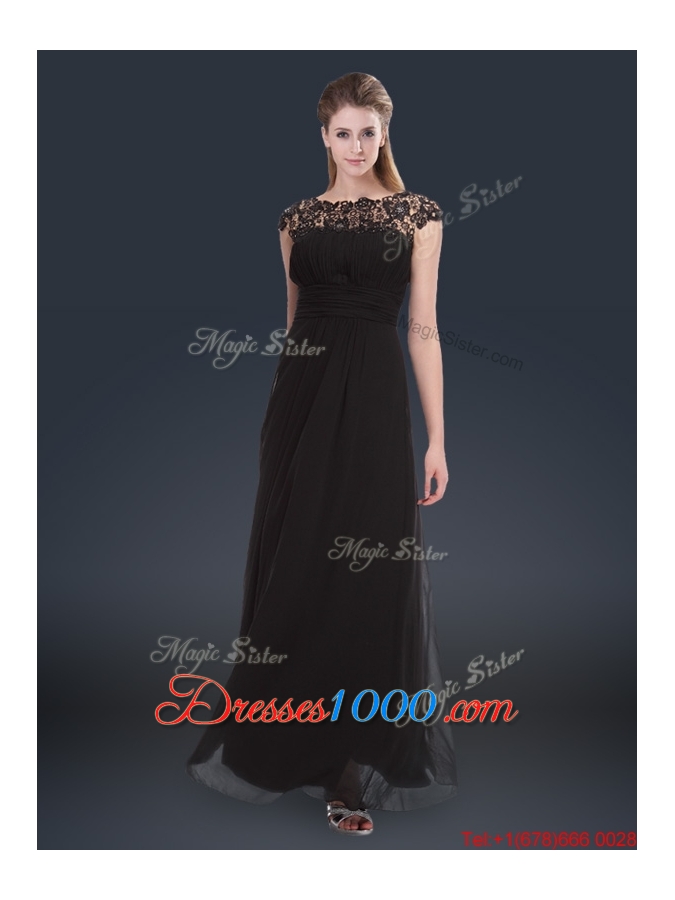 Elegant Empire Cap Sleeves Beading and Ruching Prom Dresses