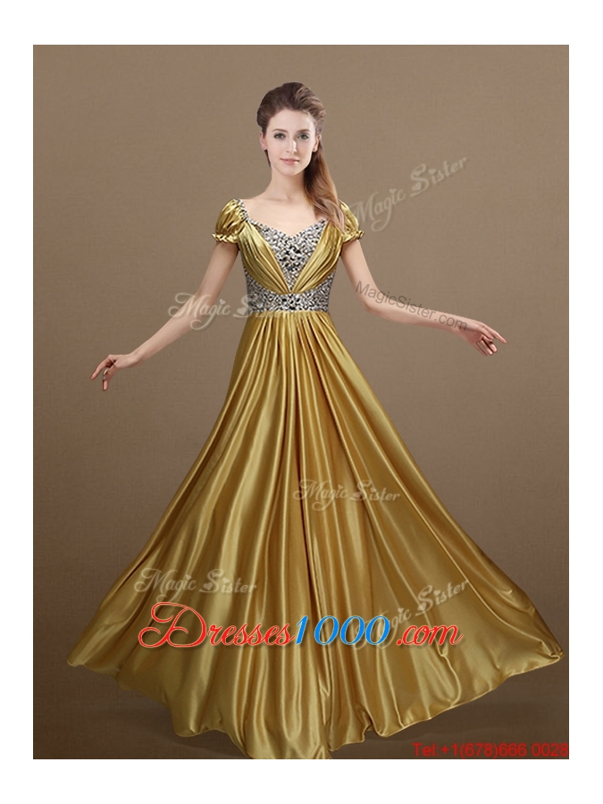 Elegant Empire Short Sleeves Beading Prom Dresses for 2016