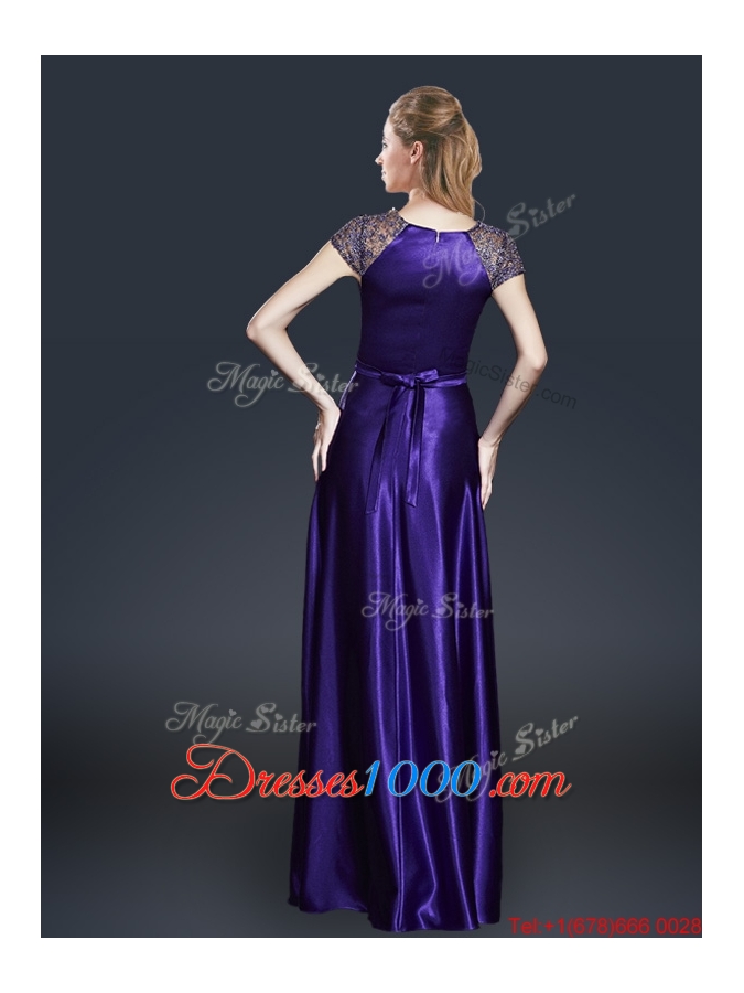 Empire Bateau Prom Dresses with Appliques and Belt