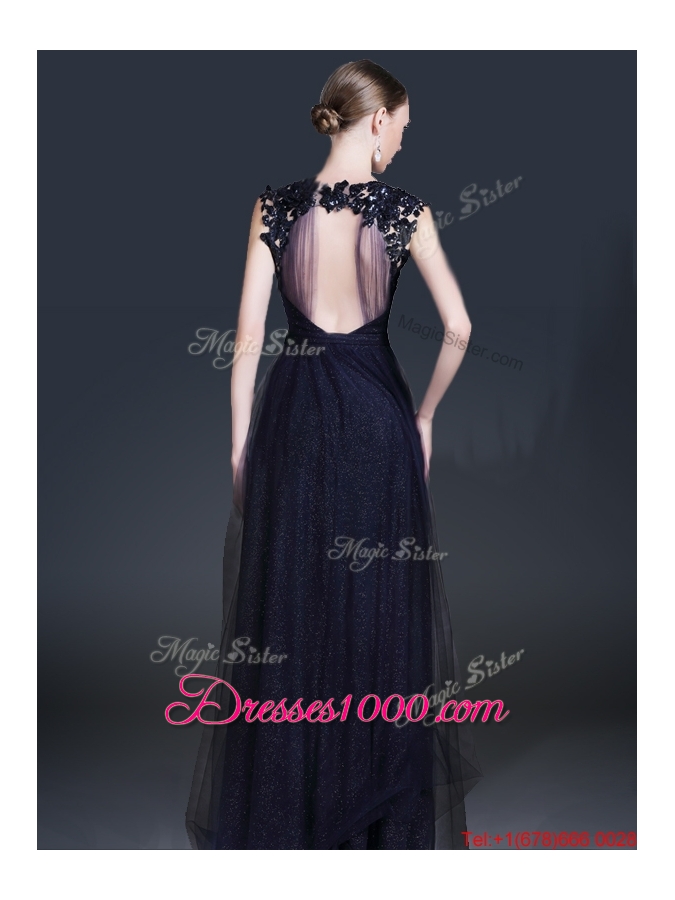 Fashionable V Neck Paillette Prom Dresses in Navy Blue