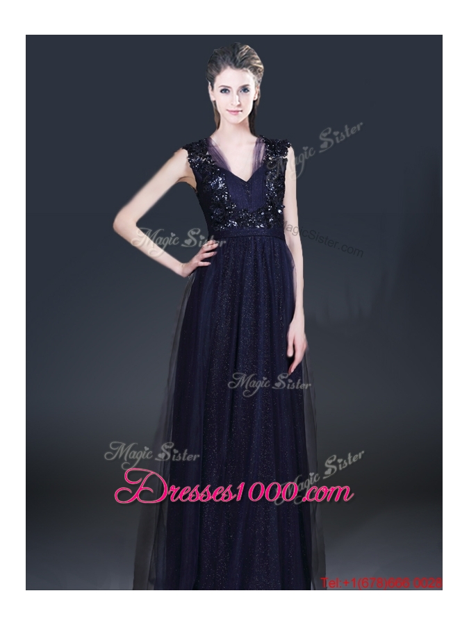 Fashionable V Neck Paillette Prom Dresses in Navy Blue