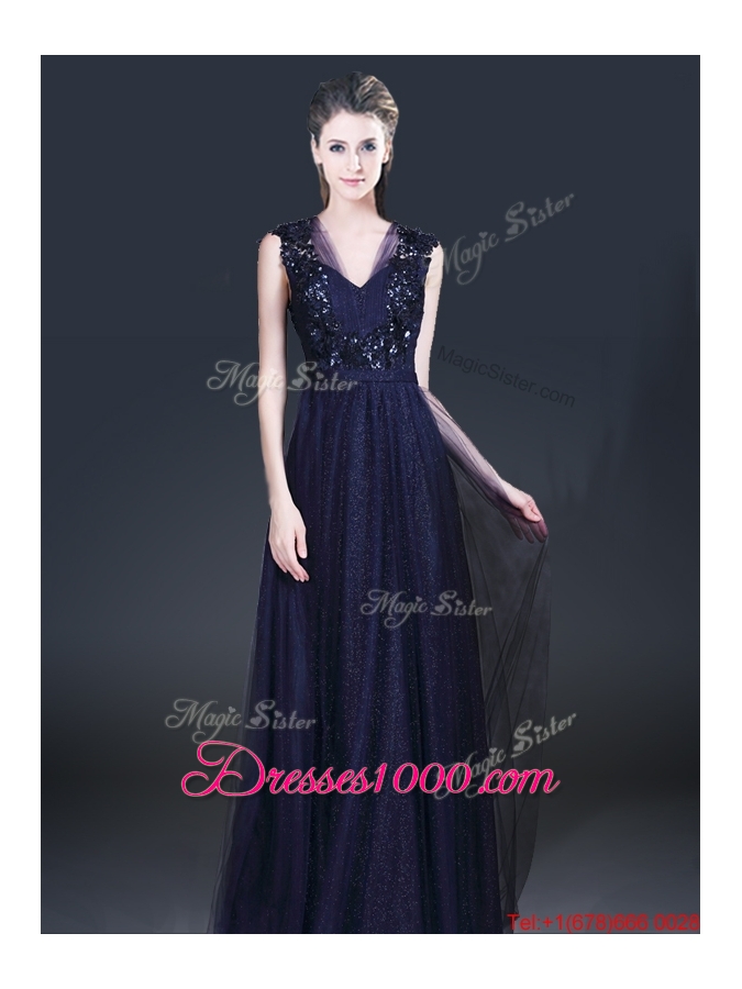 Fashionable V Neck Paillette Prom Dresses in Navy Blue