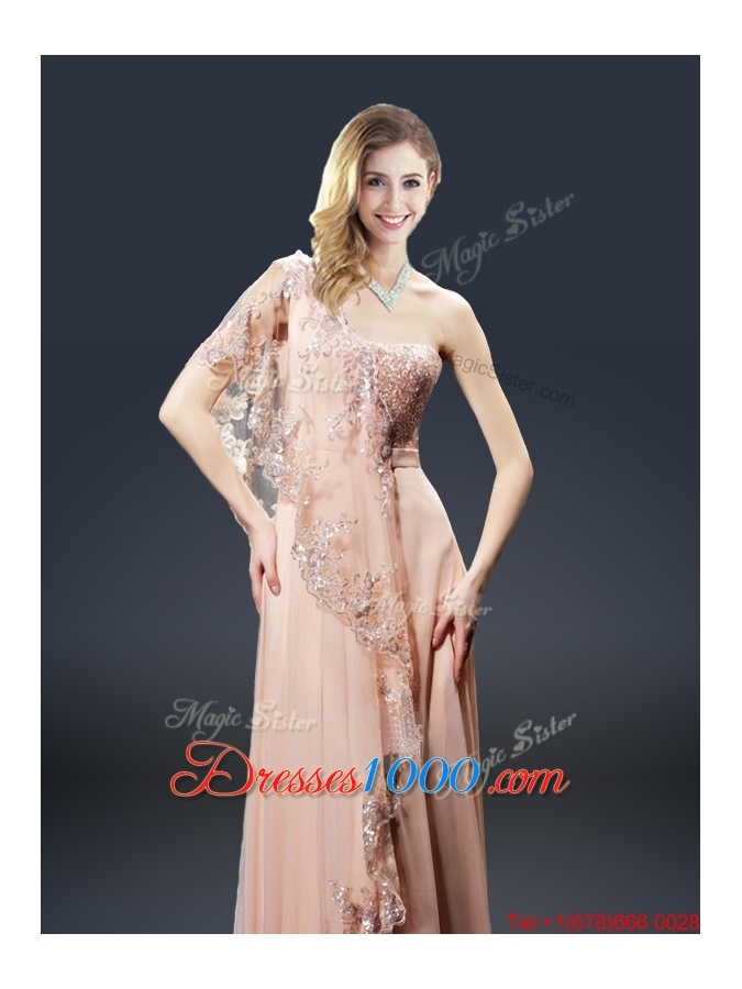 Luxurious One Shoulder Appliques Prom Dresses in Peach