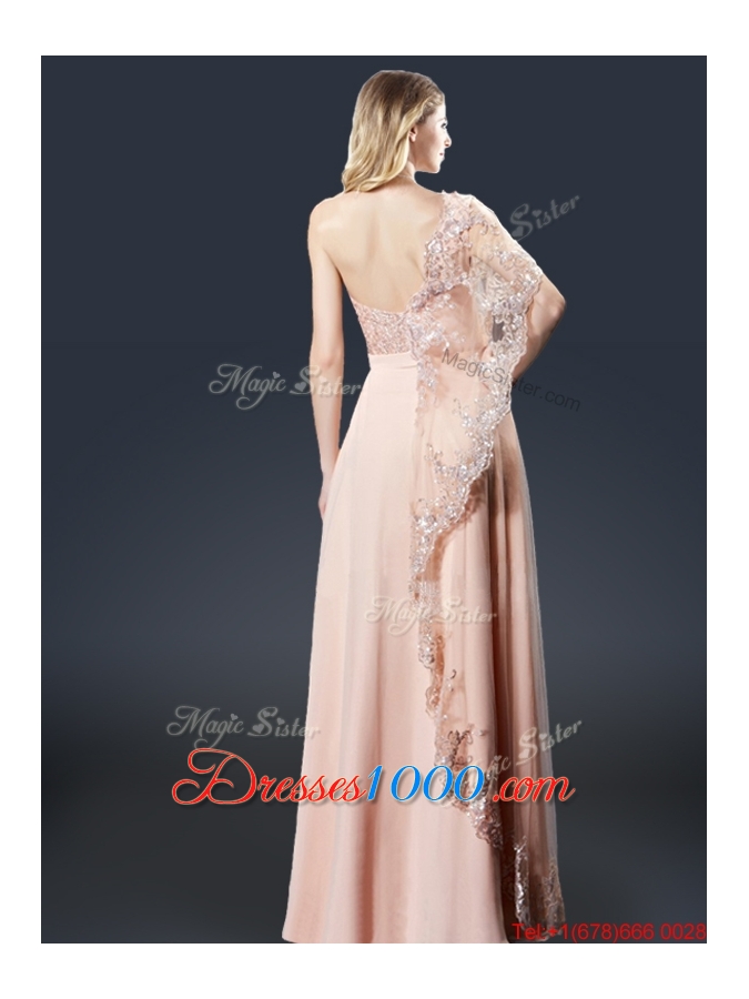 Luxurious One Shoulder Appliques Prom Dresses in Peach