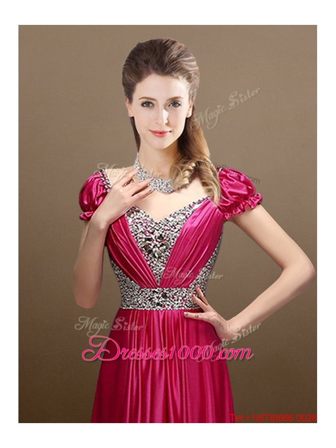 Pretty Empire V Neck Beading Prom Dresses with Short Sleeves