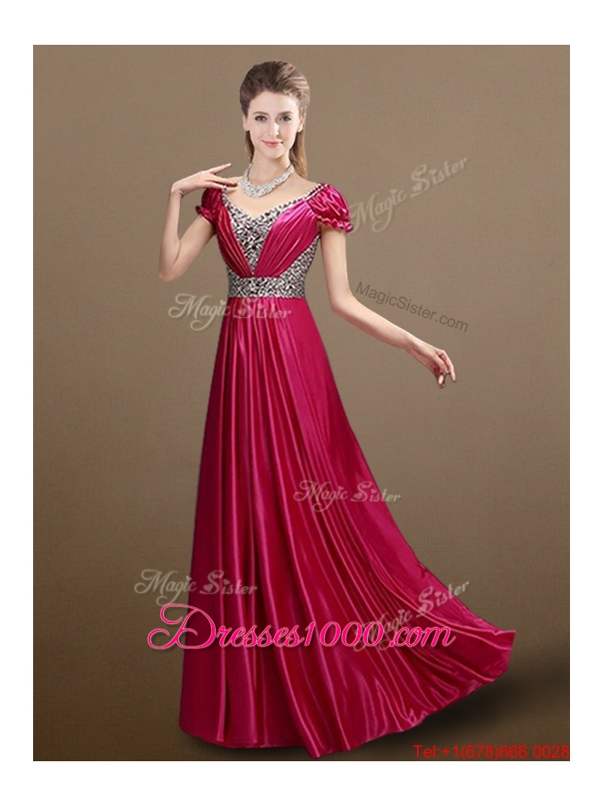 Pretty Empire V Neck Beading Prom Dresses with Short Sleeves