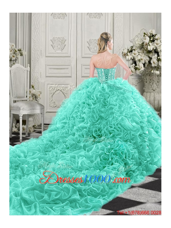 Elegant Visible Boning Organza Apple Green Quinceanera Dress with Chapel Train
