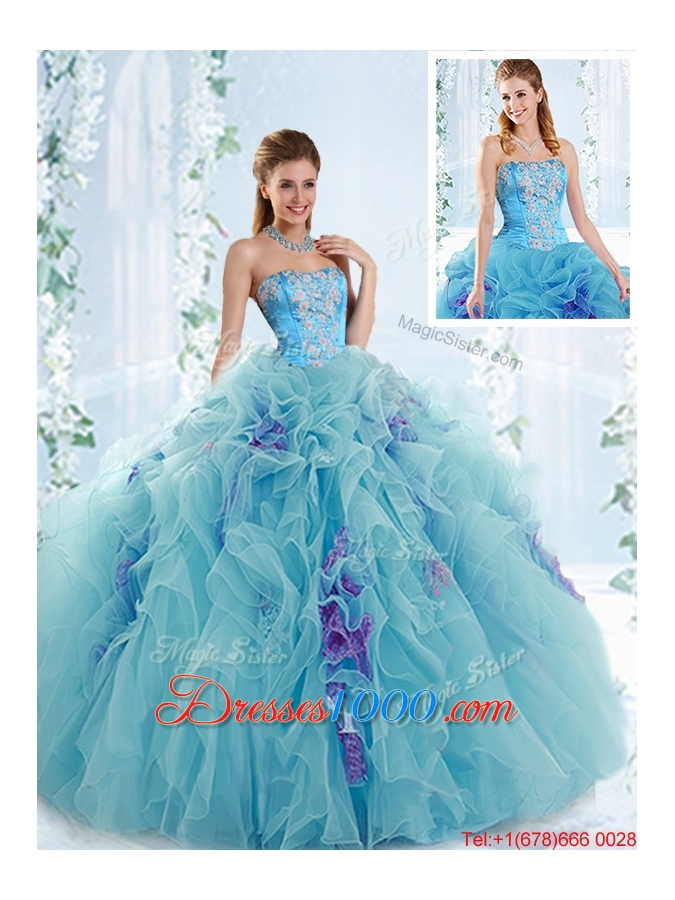 Exquisite Applique Bodice Aqua Blue Detachable Quinceanera Gowns in Organza