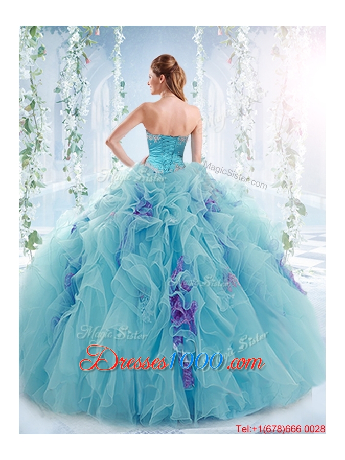 New Style Gorgeous Applique and Ruffled Detachable Quinceanera Dresses in Aqua Blue