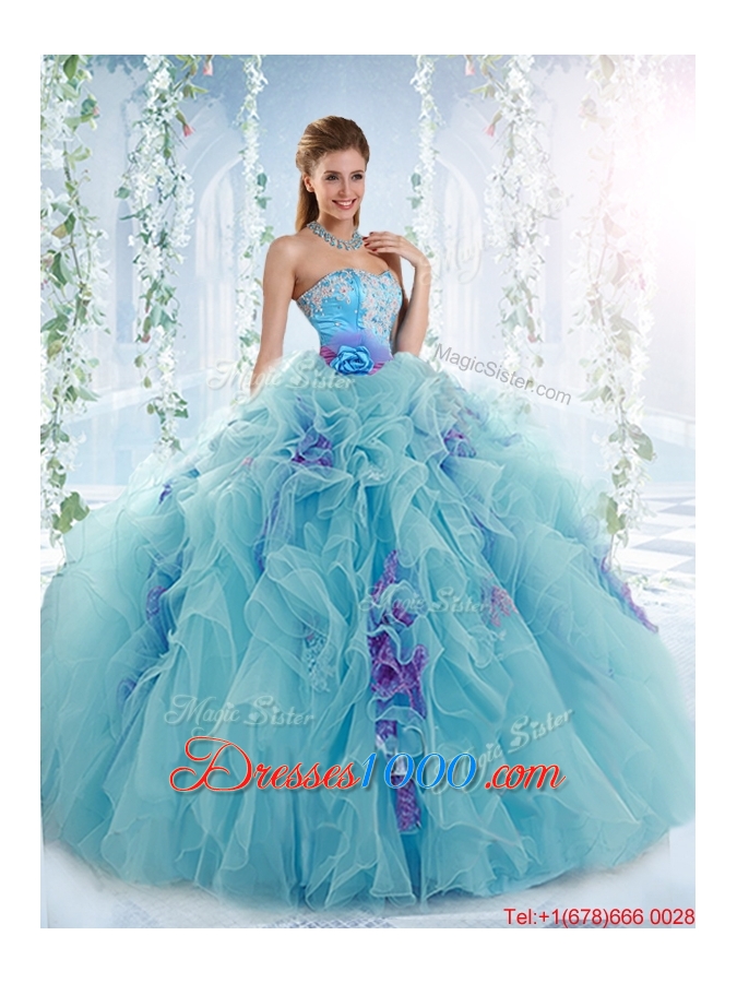 New Style Gorgeous Applique and Ruffled Detachable Quinceanera Dresses in Aqua Blue