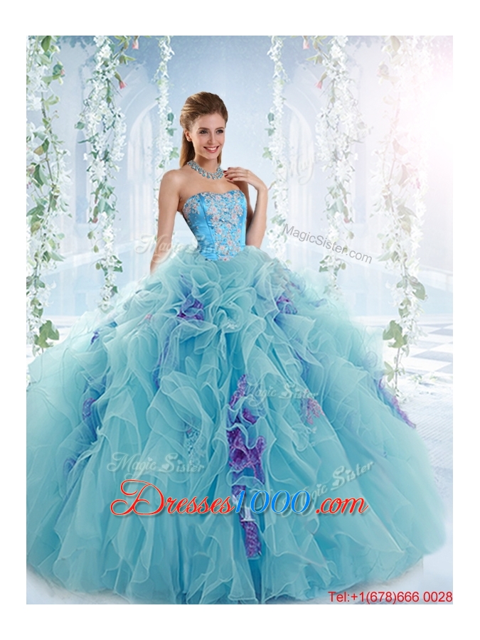 New Style Gorgeous Applique and Ruffled Detachable Quinceanera Dresses in Aqua Blue