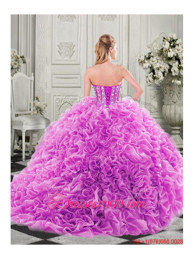 New Style Lovely Puffy Skirt Beaded Bodice and Ruffled Quinceanera Dress in Fuchsia