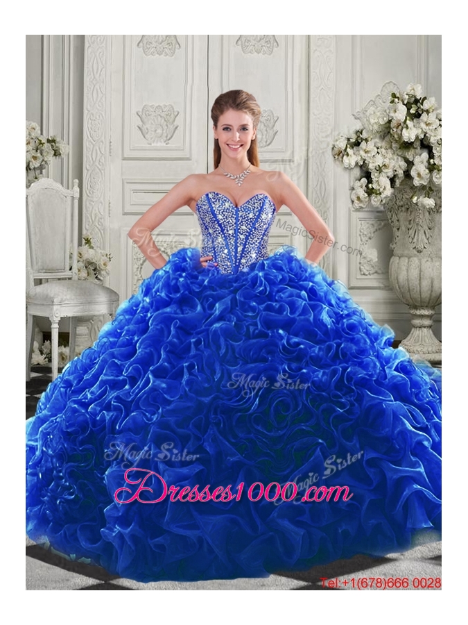 New Style Lovely Puffy Skirt Beaded Bodice and Ruffled Quinceanera Dress in Fuchsia