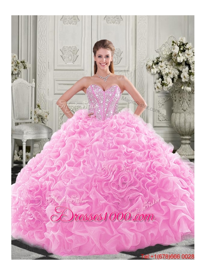 New Style Lovely Puffy Skirt Beaded Bodice and Ruffled Quinceanera Dress in Fuchsia