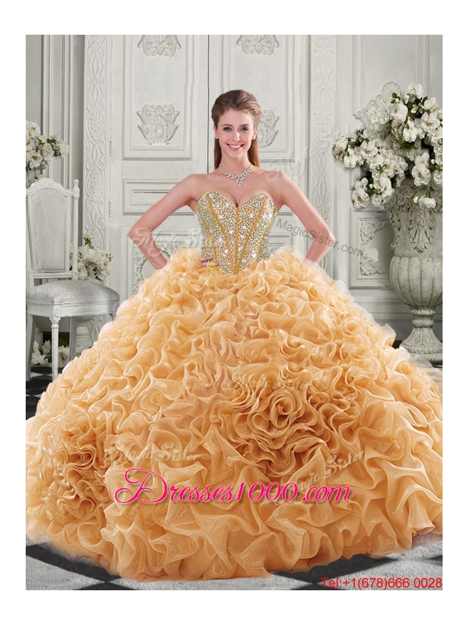 New Style Lovely Puffy Skirt Beaded Bodice and Ruffled Quinceanera Dress in Fuchsia