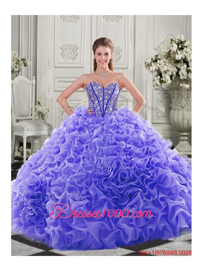 New Style Lovely Puffy Skirt Beaded Bodice and Ruffled Quinceanera Dress in Fuchsia