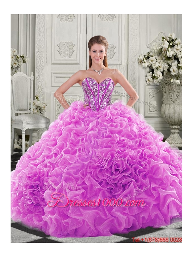 New Style Lovely Puffy Skirt Beaded Bodice and Ruffled Quinceanera Dress in Fuchsia