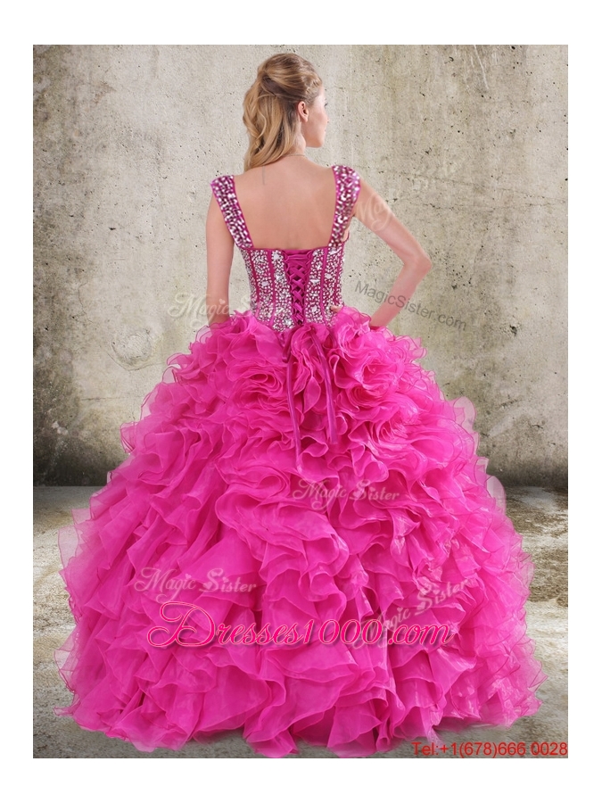 New Style Perfect Ruffled and Beaded Bodice Straps Hot Pink Sweet 16 Quinceanera Dress