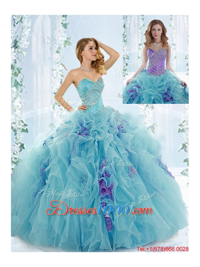 Sweet Beaded Aque Blue Detachable Quinceanera Dresses in Organza