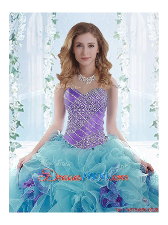 Sweet Beaded Aque Blue Detachable Quinceanera Dresses in Organza
