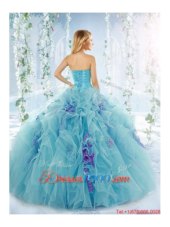 Sweet Beaded Aque Blue Detachable Quinceanera Dresses in Organza