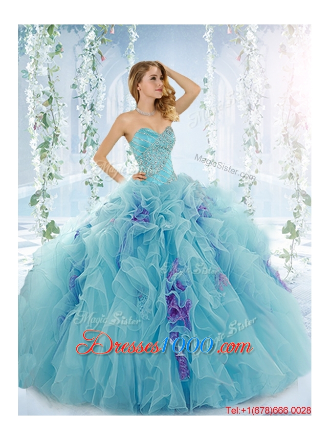 Sweet Beaded Aque Blue Detachable Quinceanera Dresses in Organza