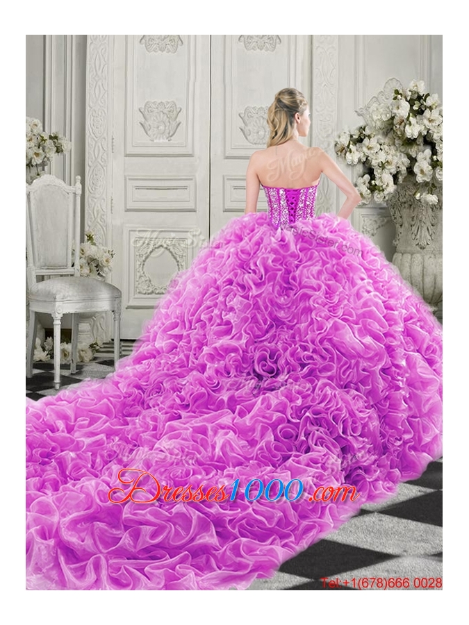 Cheap Visible Boning Beaded Bodice Fuchsia Detachable Quinceanera Gown with Ruffles