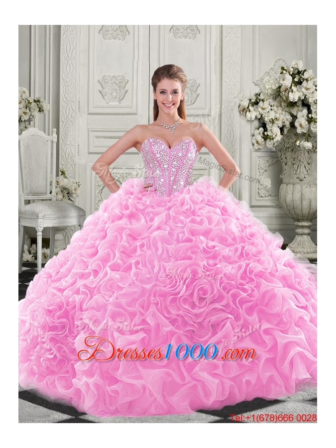 Cheap Visible Boning Beaded Bodice Fuchsia Detachable Quinceanera Gown with Ruffles