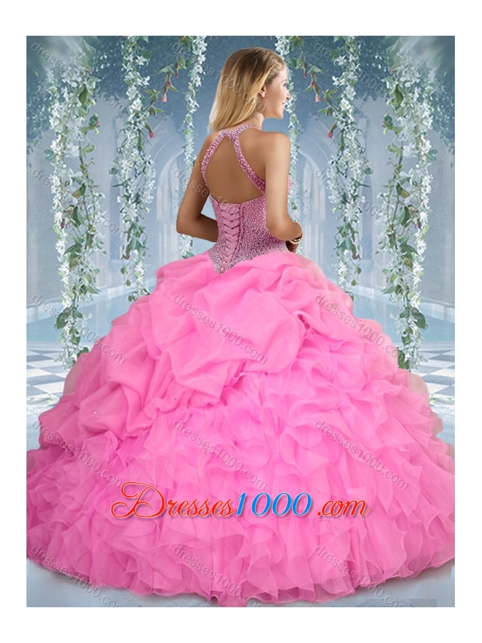 Beautiful Halter Top Beaded and Ruffled Elegant Quinceanera Dresses in Mint