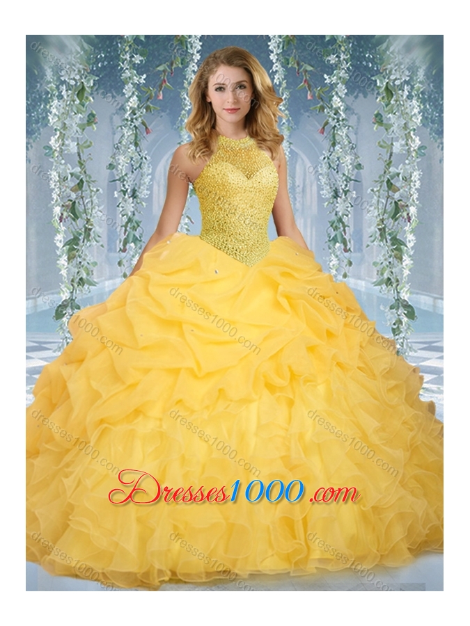 Beautiful Halter Top Beaded and Ruffled Elegant Quinceanera Dresses in Mint