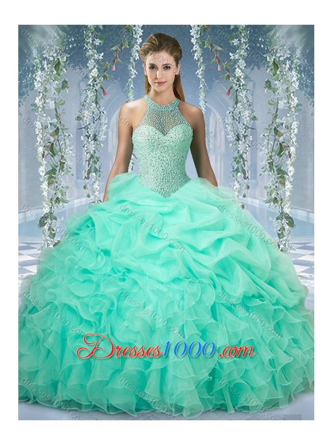 Beautiful Halter Top Beaded and Ruffled Elegant Quinceanera Dresses in Mint