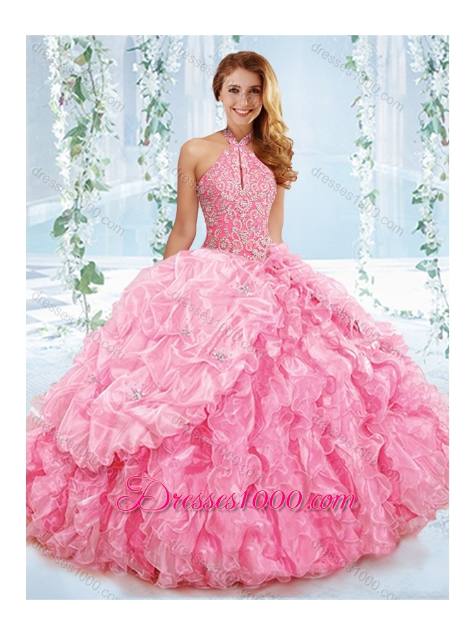 Cut Out Bust Beaded Bodice Detachable Quinceanera Dress with Halter Top