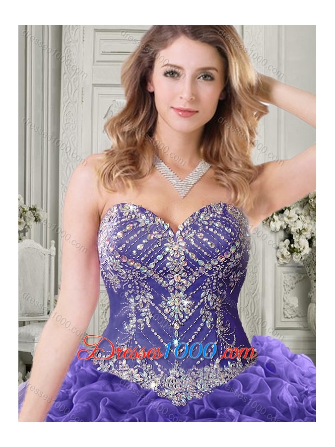 Elegant Brush Train Lavender Quinceanera Gown with Beaded Bodice and Ruffles