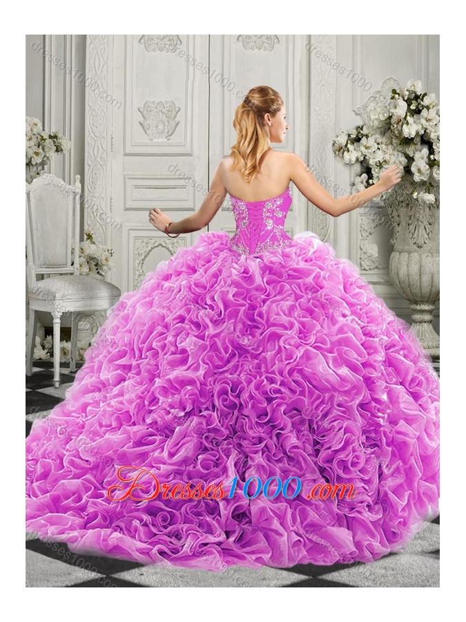Elegant Brush Train Lavender Quinceanera Gown with Beaded Bodice and Ruffles