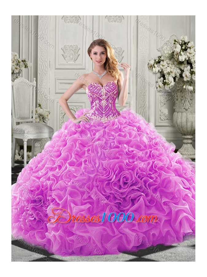 Elegant Brush Train Lavender Quinceanera Gown with Beaded Bodice and Ruffles