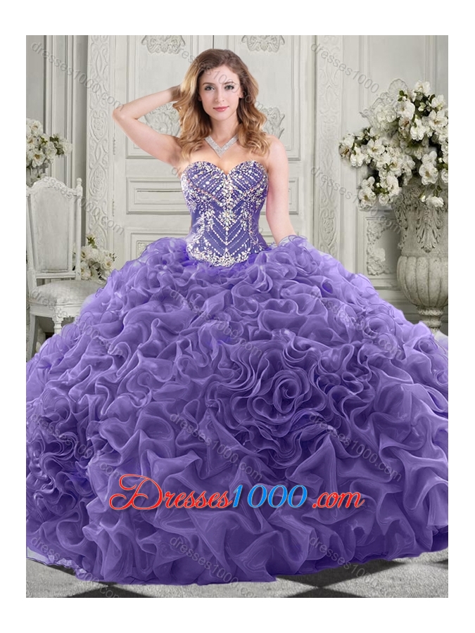 Elegant Brush Train Lavender Quinceanera Gown with Beaded Bodice and Ruffles