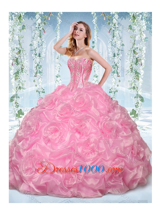 Fashionable Beaded and Bubble Organza Detachable Quinceanera Gowns in Rose